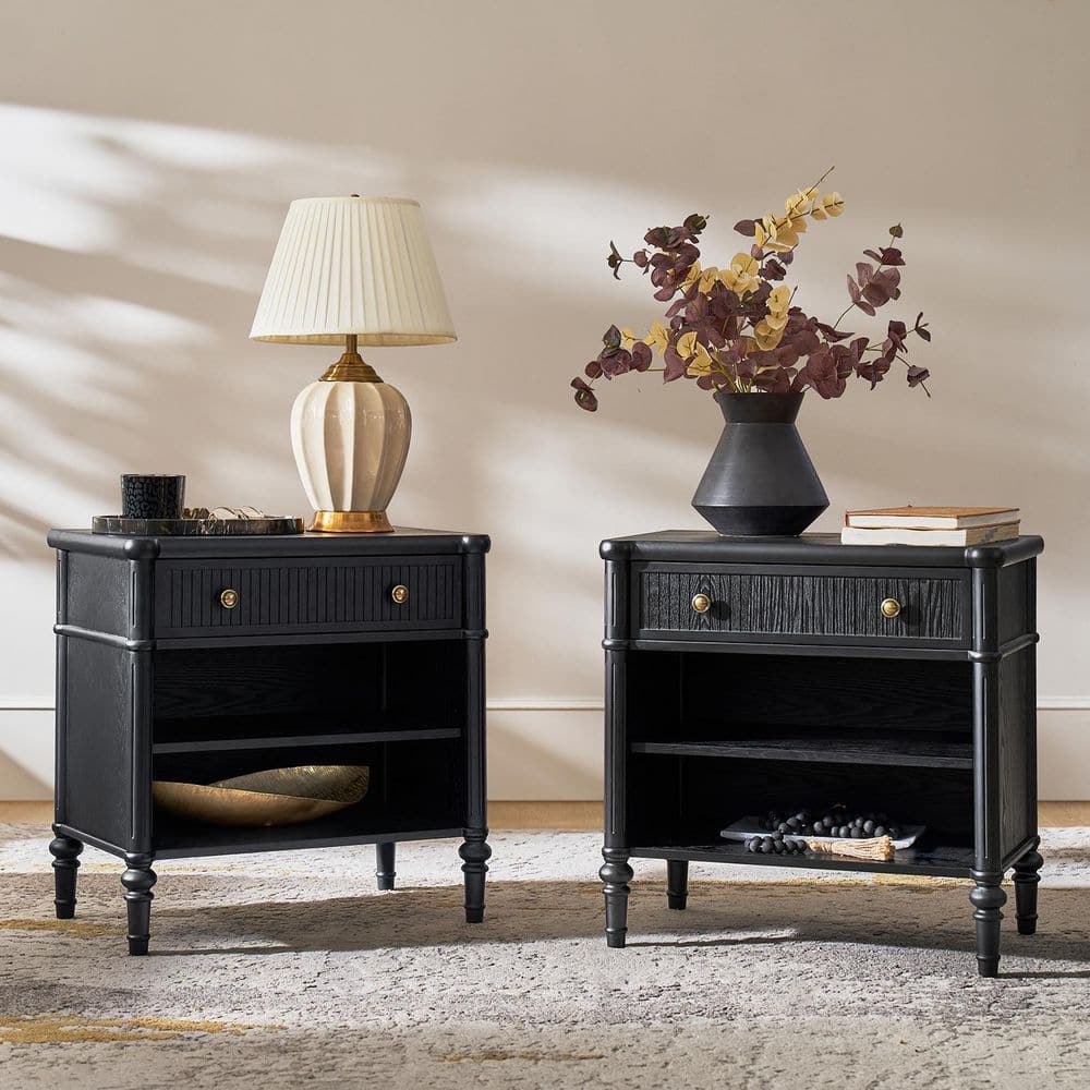 Roland Walnut 1-Drawer 26 in. W Nightstand with Built-In Charging Station Set of 2