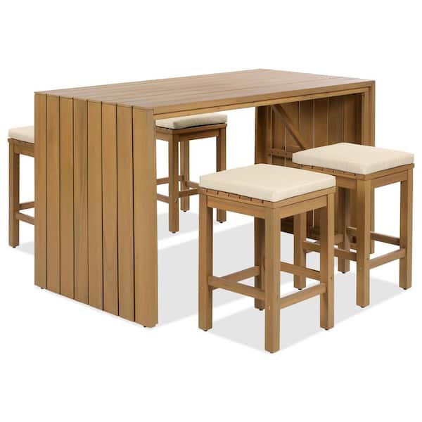 5 Piece Outdoor Bar Set, Patio Acacia Wood Outdoor Dining Set Bar Furniture with Table & Four Stools with Beige Cushions