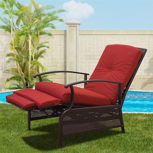 Metal Outdoor Adjustable Frame Reclining Patio Chairs with Strong Extendable and Red Cushion
