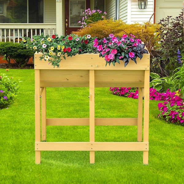 Deep Yellowe Fir Wood Rectangular Raised Bed Free Standing Elevated Bed with Liner