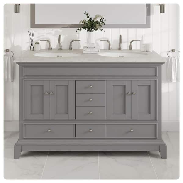 Eviva Elite Stamford 48 in. Double Sink Gray Bath Vanity with Double-Ogee White Carrara Quartz Top (Assembled)