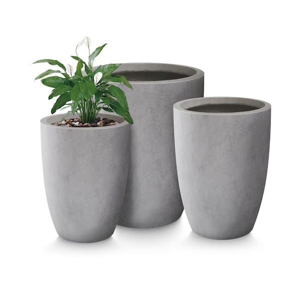 KANTE 22.4", 20.4" and 18.1"H Round Natural Finish Concrete Planters Set of 3, Outdoor Indoor w/Drainage Hole and Rubber Plug