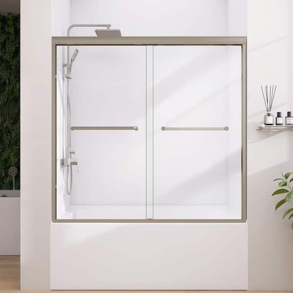 NTQ 56-60 in. W x 58 in. H Semi-Frameless Sliding Tub Door Tub Shower Door in Brushed Nickel 1/4 in. with Clear Glass
