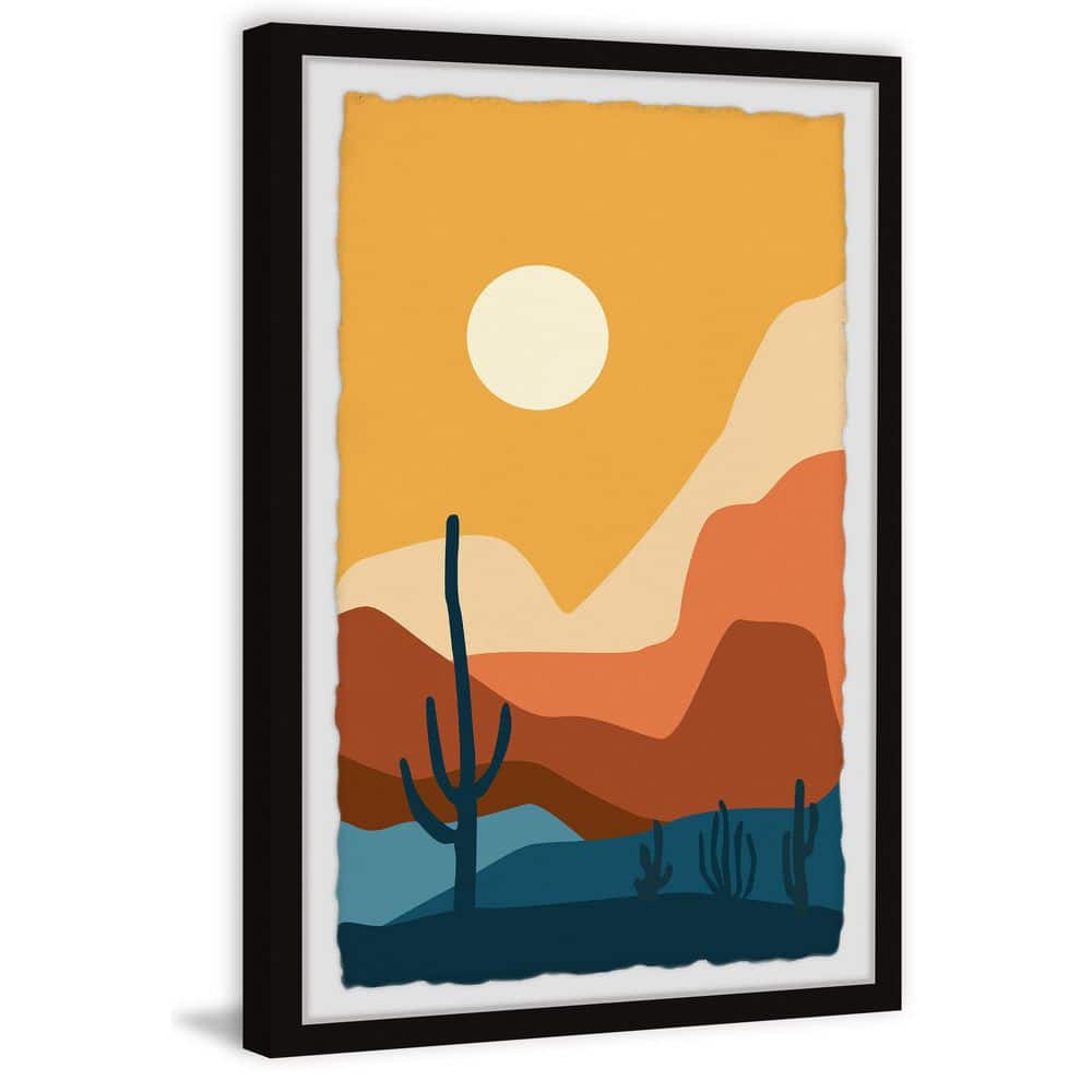 Desert Landscape Print with Cacti and Sun in Black Frame