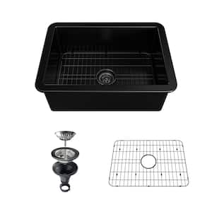 27 in. Drop-In/Undermount Single Bowl Black Fine Fireclay Kitchen Sink With Accessories