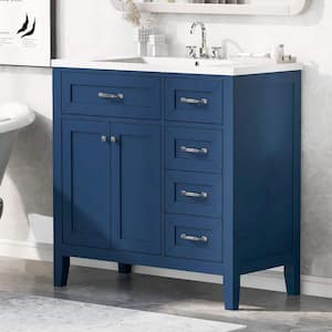 35.98 in. W Single Sink Freestanding Bath Vanity in Blue with White Ceramic Top, 3 Drawers and 1 Door