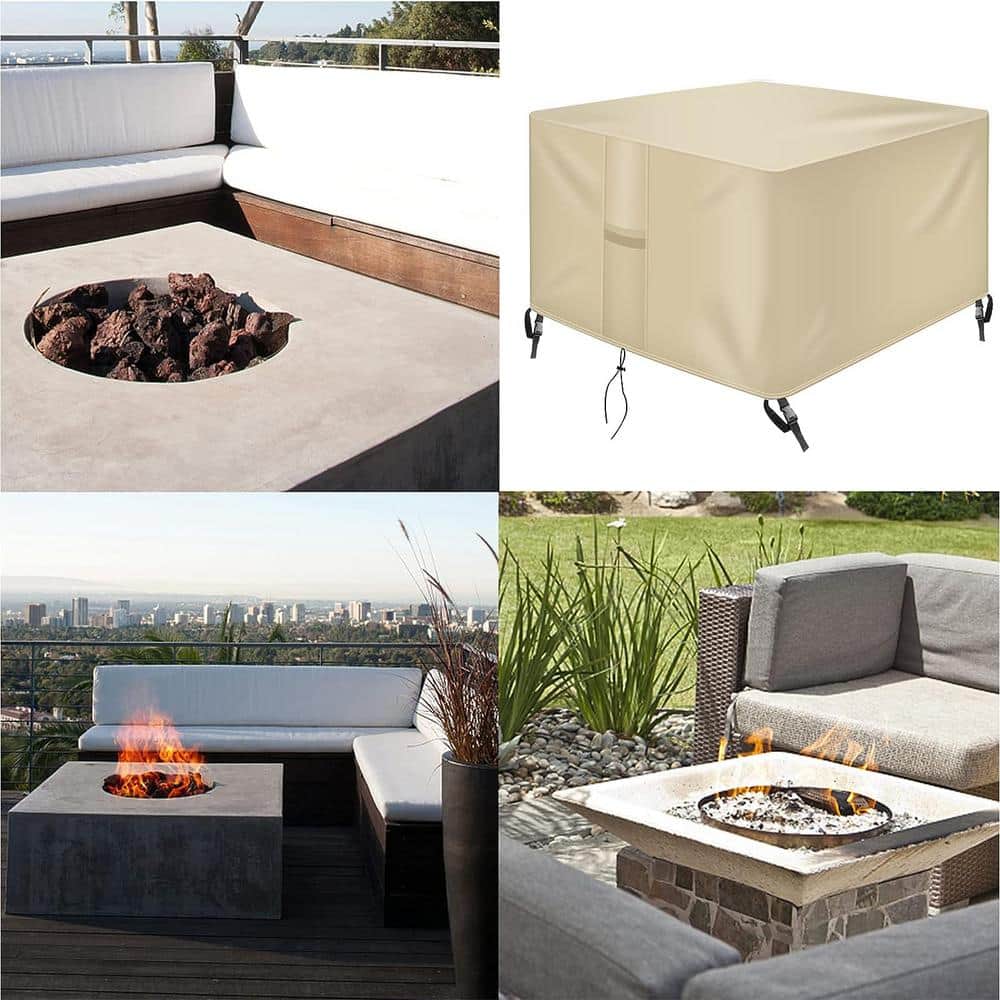 Beige Rectangular Vinyl PVC Fire Pit Cover, 44 x 44 x 24 inches
