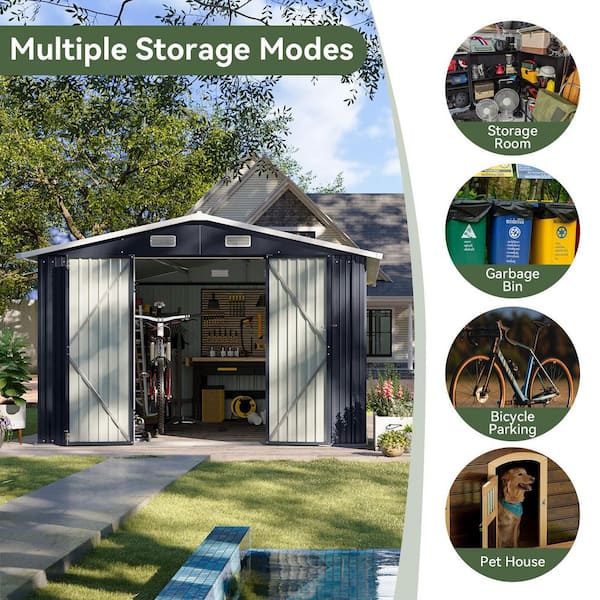 Sizzim 12 ft. W x 10 ft. D Outdoor Black Metal Storage Shed with 4