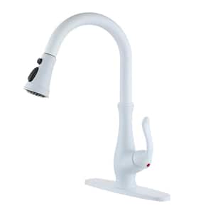 3-Spray Patterns Modern 1.8 GPM Single Handle Pull Down Sprayer Kitchen Faucet with Deck Plate in Matte White