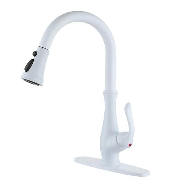 Boyel Living 3-Spray Patterns Modern 1.8 GPM Single Handle Pull Down Sprayer Kitchen Faucet with Deck Plate in Matte White