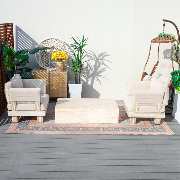 DIRECT WICKER Inquiry 3-Piece Aluminum Patio Conversation Set with Beige Cushions, Arm, Rectangle Magnesium Oxide Coffee Table