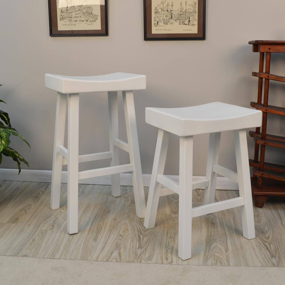 Antique White Wood Saddle Style Backless Counter Stool