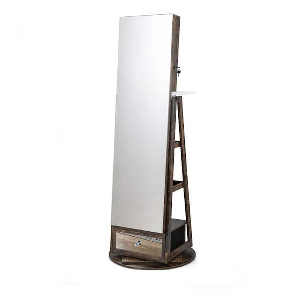 Brown Lockable 360° Swivel Jewelry Cabinet with Full-Length Mirror LED Lights