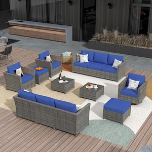 Bexley Gray 13-Piece Wicker Patio Conversation Seating Set with Navy Blue Cushions and Swivel Chairs