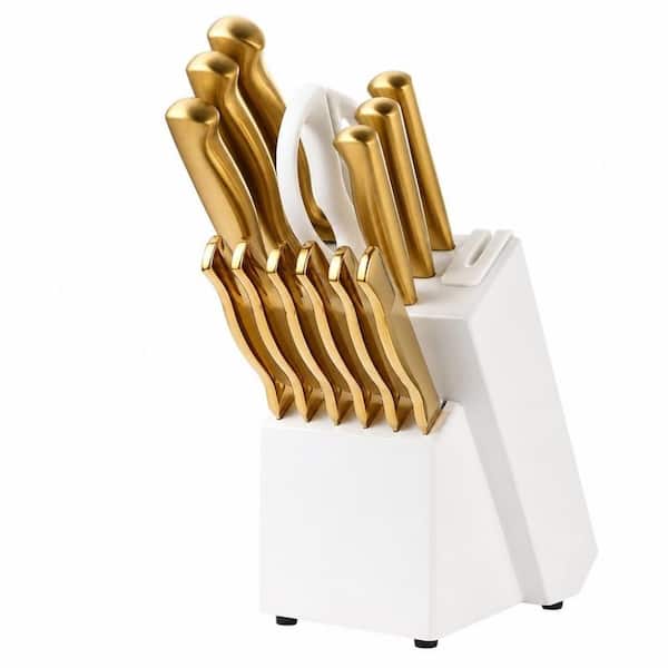 15-Piece Golden Titanium Stainless Steel Professional Kitchen Knife Set with Steak Knives and Self-Sharpening Block