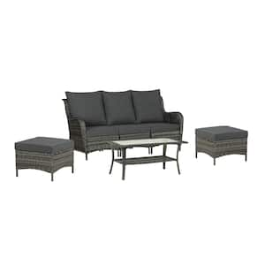 Gray 6-Piece Wicker Rattan Patio Conversation Outdoor Sectional Sofa and Coffee Table, Ottoman with Dark Gray Cushion