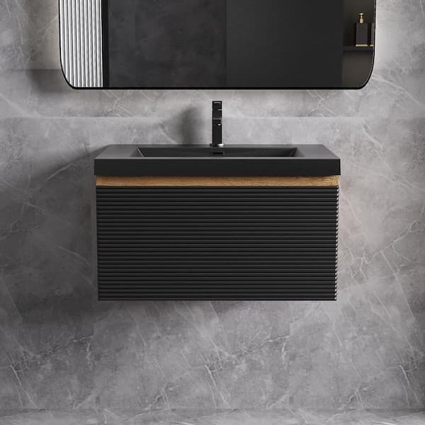 Opvande 30 in. W x 20 in. D x 16 in. H Single Floating Bathroom Vanity with Black Quartz Sand Top in Natural Oak Assembled