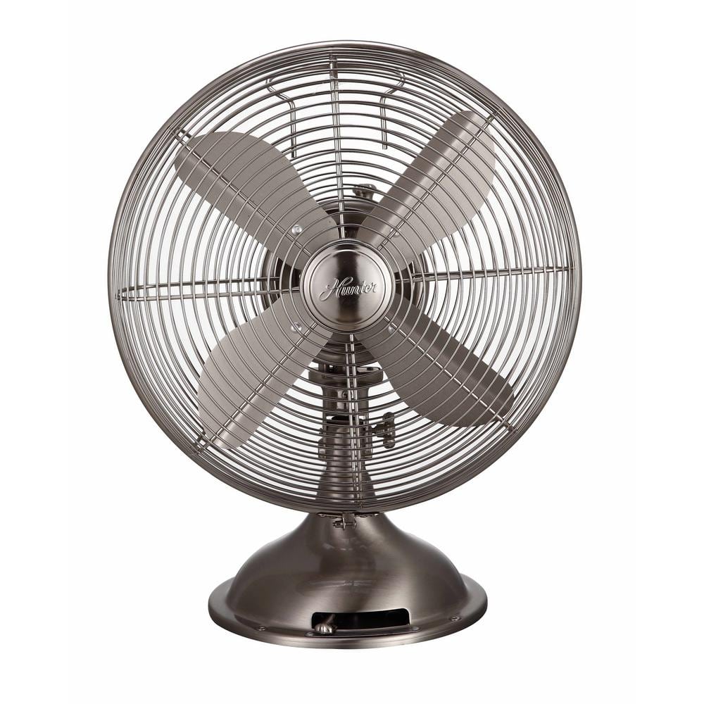 Hunter Retro 12 In 3 Speed Oscillating Table Fan With All Metal Construction In Brushed Nickel 90400 The Home Depot