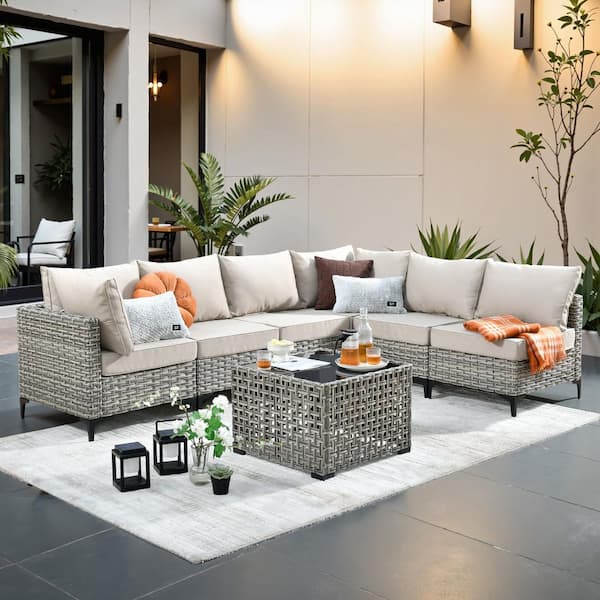 Coralia Gray 7-Piece Wicker Outdoor Sectional Set with Beige Cushion & Lighted Coffee Table for Patio