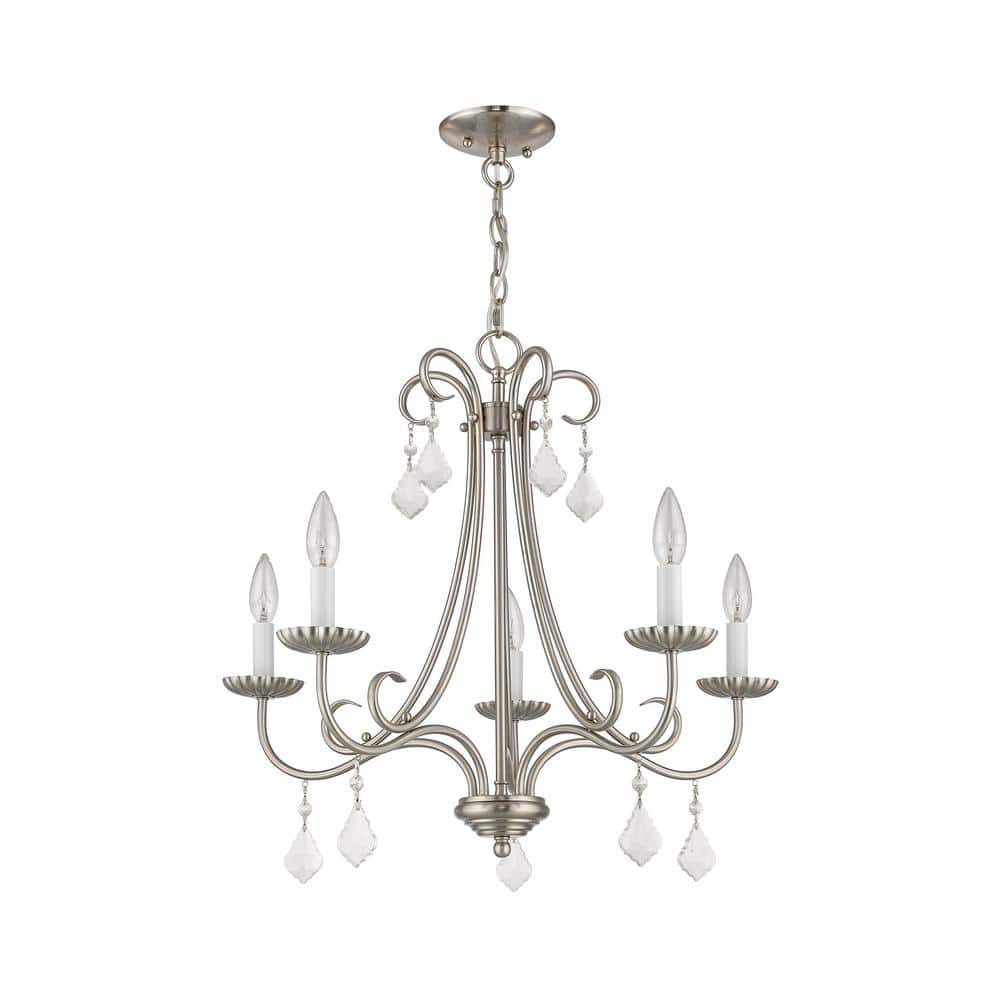 Elegant Brushed Nickel 5-Light Chandelier with Crystal Teardrops