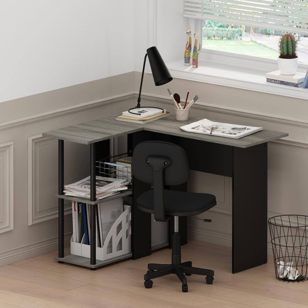 French Oak Grey and Black L-Shaped Writing Desk with Drawer