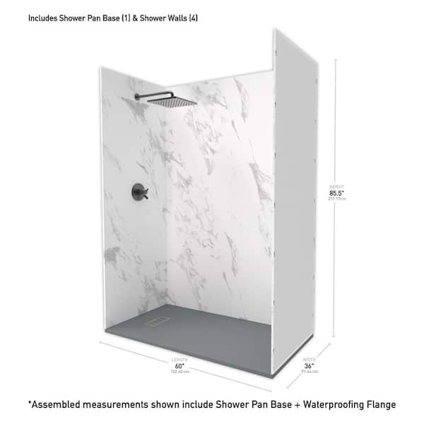 60 in. L x 36 in. W x 84 in. H Solid Composite Stone Shower Kit w/Carrara  Walls and L/R Graphite Sand Shower Pan Base