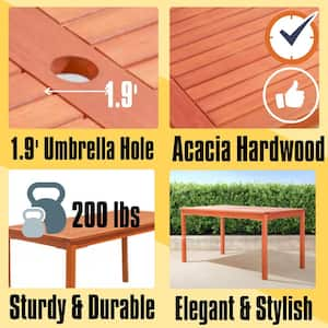 59 in. Reddish Brown Rectangular Wood Outdoor Patio Dining Table with Umbrella Hole for 6 Seaters