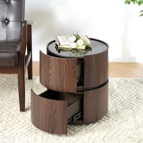 Greyson Modern 15.75 in. Brown and Black Round Tempered Glass Top Side Table with Double Drawers