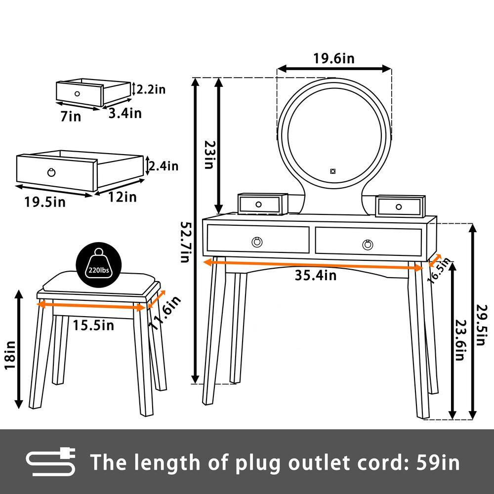 Measurement diagram for the vanity set components.