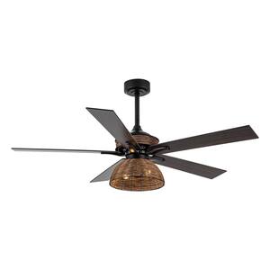 52 in. Indoor Matte Black Farmhouse Ceiling Fan with Remote Control and Reversible Motor, Rattan Plaited Element