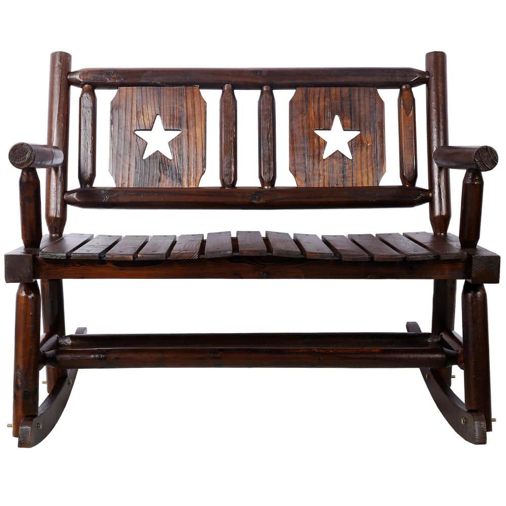 Brown Wood Outdoor Rocking Chair with Wide Curved Seat, Porch Rocker