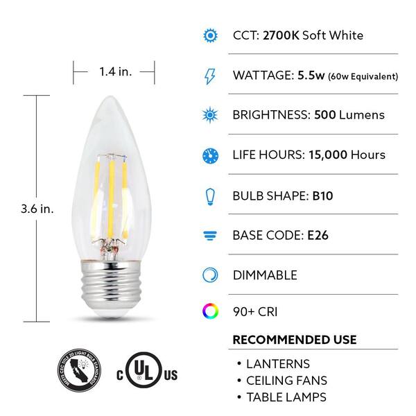 E26 Base LED Candelabra Light Bulbs 60W Equivalent Dimmable 2700K Soft White 12P 