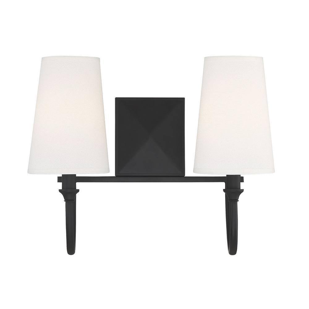 Cameron Matte Black 2-Light Vanity with Tall White Fabric Shades