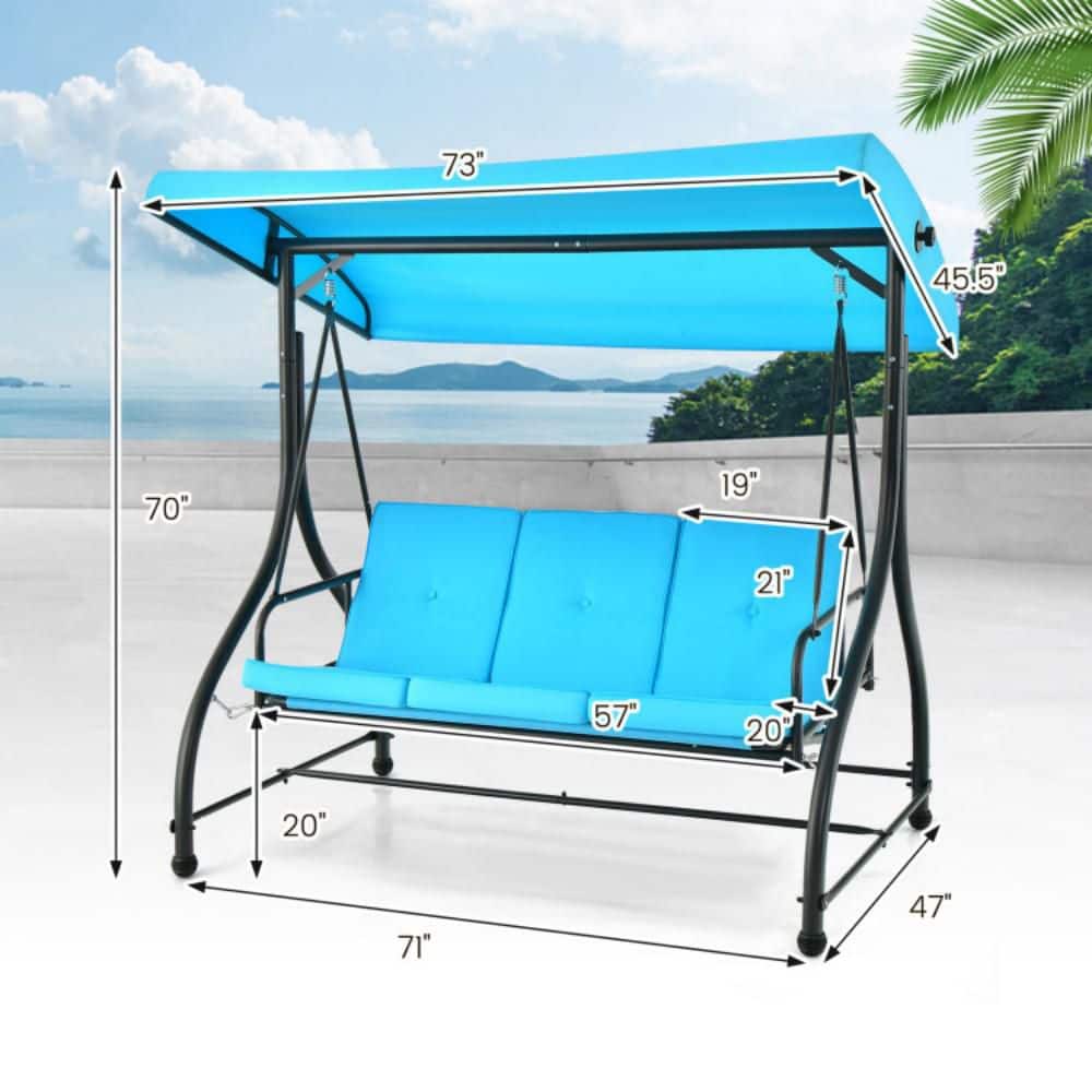 Sky Blue 3-Seat Outdoor Swing with Adjustable Canopy