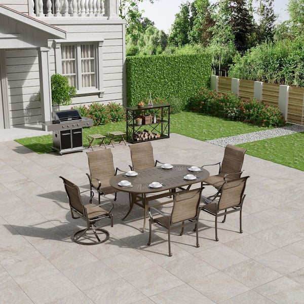 72 in. W x 42 in. D Brown Cast Aluminum Outdoor Patio Oval Dining Table with Retro Table Top and Umbrella Hole