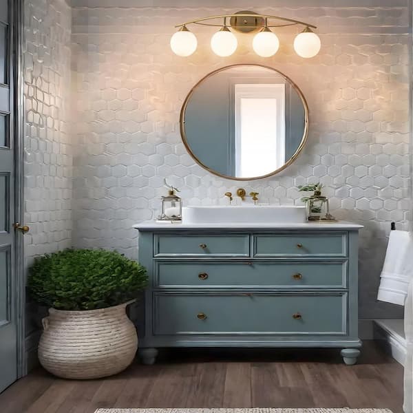 Lucie 33.46 in. 4-Light Brass Bathroom Vanity Light with Opal Glass Shades