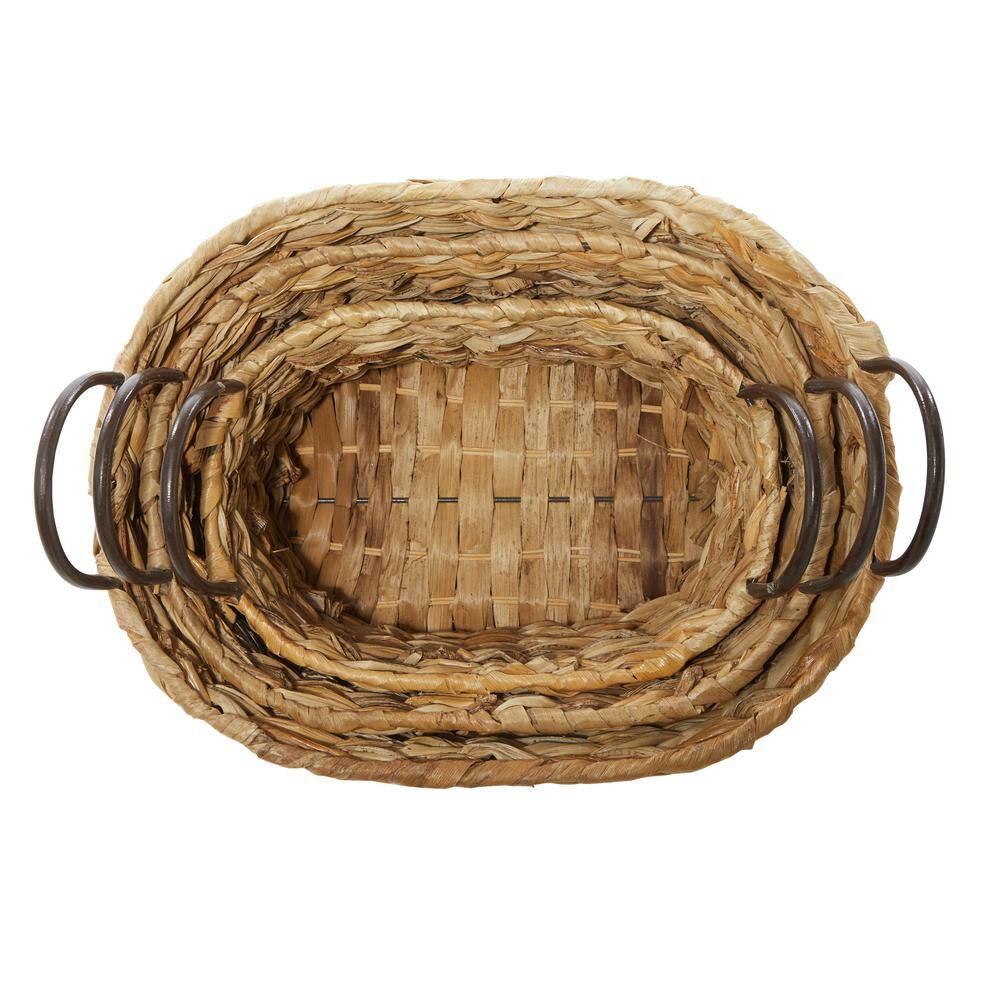 Brown Seagrass Oval Storage Baskets with Metal Handles, Set of 3