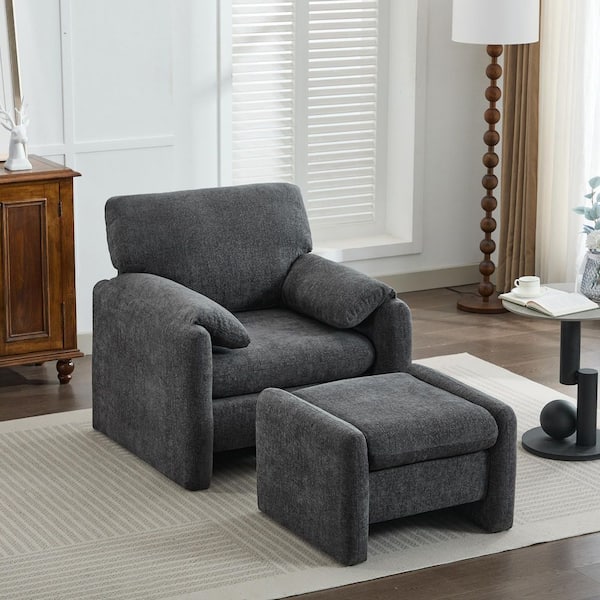 Jearey 36.41 in. Dark Grey Comfy Oversized Chenille Accent Chair with Ottoman for Living Room