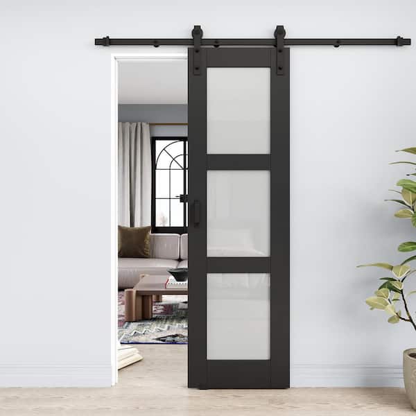 24 in. x 80 in. 3-Lite Frosted Glass Black Finished MDF No Assembly Required Sliding Barn Door with Hardware Kit