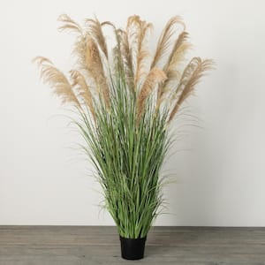 76 in. Artificial Towering Potted Plume Grass; Green