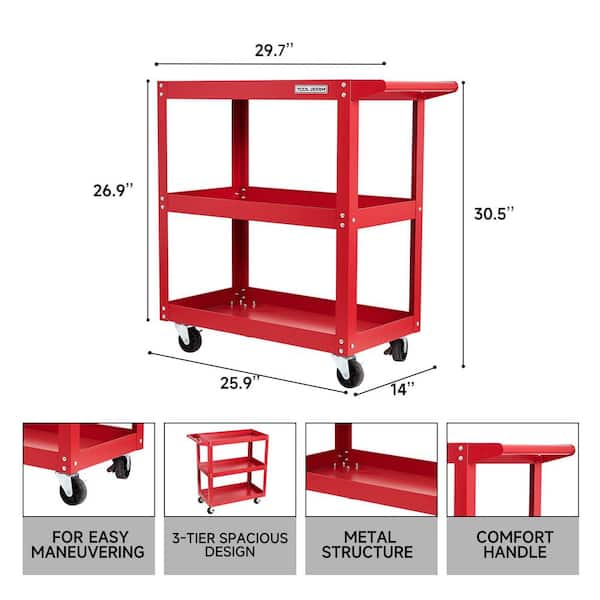 3-Tiers Steel 4-Wheeled Shelves Storage Utility Cart in Red, 450 lbs. Capacity