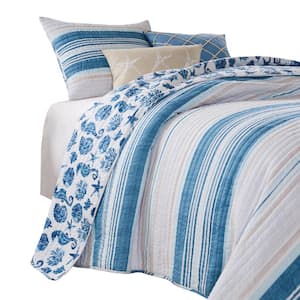 2-Piece White and Blue Solid Twin Size Microfiber Quilt Set