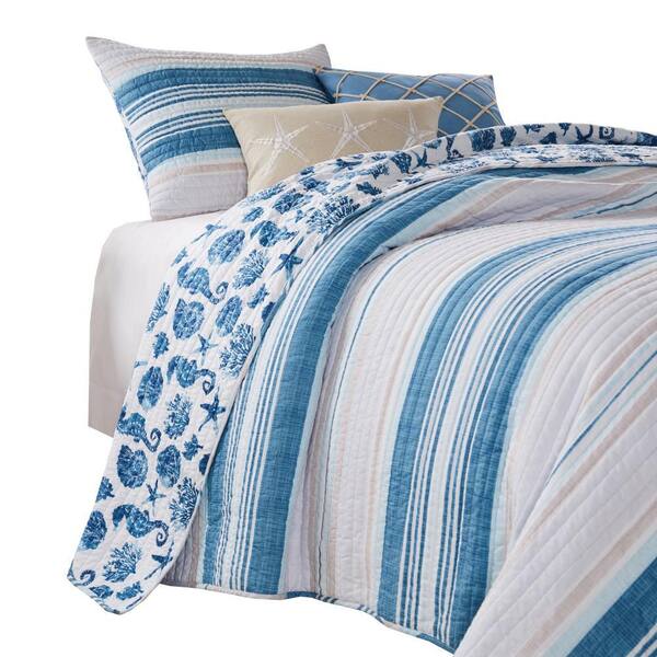 Benjara 2-Piece White and Blue Solid Twin Size Microfiber Quilt Set