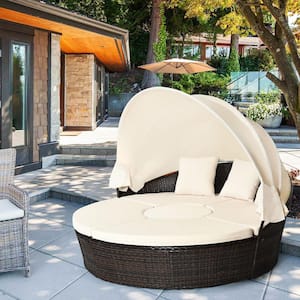 Plastic Outdoor Cushioned Patio Rattan Round Day Bed with Adjustable Table 3 White Cushions Canopy