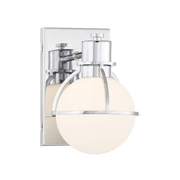 Pierce 5.75 in. W x 8.5 in. H 1-Light Chrome Dimmable Wall Sconce with Opal Glass Shade
