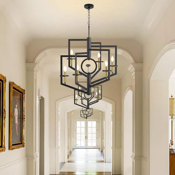 6-Light Black and Gold Kitchen Island Large Chandeliers, Industrial Adjustable Hanging with Swing Frame