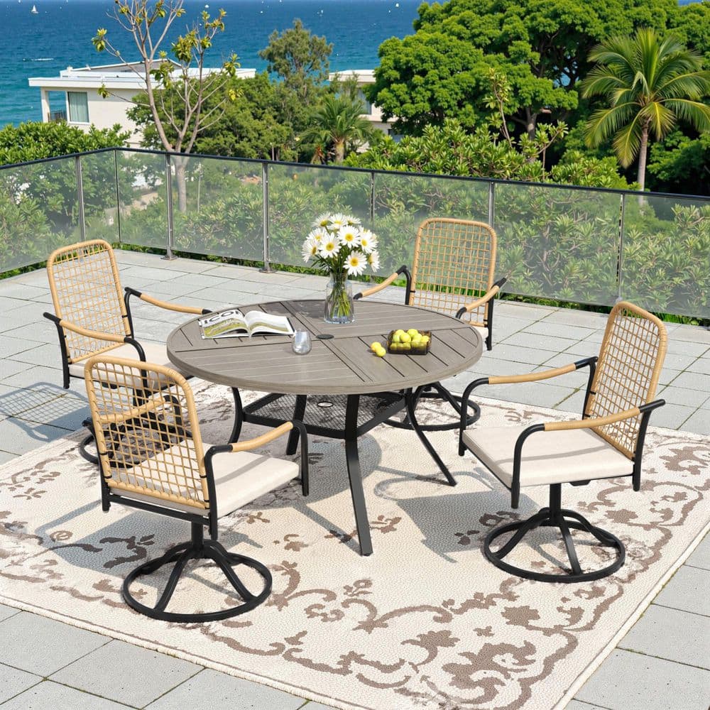 5-Piece Metal Outdoor Dining Set with 40.6 in. Gray Wood-Like Round Table and 4 Swivel Wicker Chairs with Beige Cushions