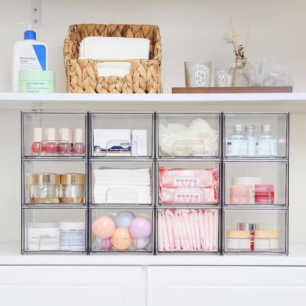 4 Pack Clear Stackable Storage Drawers, 4.4 in. Tall Acrylic Bathroom Makeup Organizer for Kitchen Cabinets