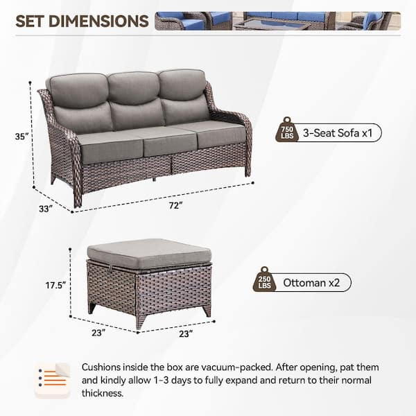 NovaSwivel Brown 3-Piece Wicker Outdoor Couch Patio Sectional Sofa with 6 in. Thick Gray Cushions and Ottomans