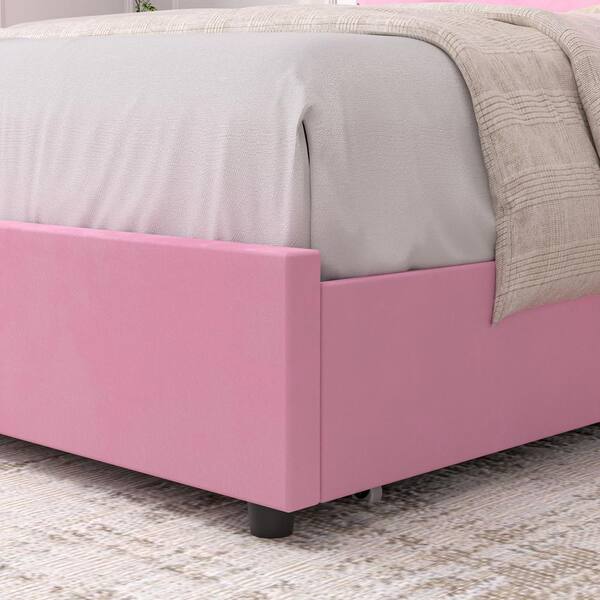 VECELO Velvet Storage Pink Metal Frame Queen Platform Bed
